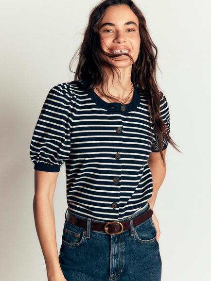 Boden Cotton Button Through Short Sleeve Top - view 2, Navy/Ivory
