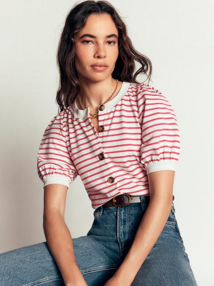 Boden Cotton Button Through Short Sleeve Top, Ivory/Pink