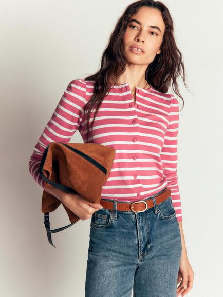 Boden Iris Puff Stripe Top, Rose/Ivory, Rose/Ivory