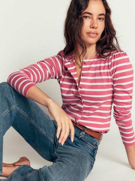 Boden Iris Puff Stripe Top, Rose/Ivory - view 2, Rose/Ivory