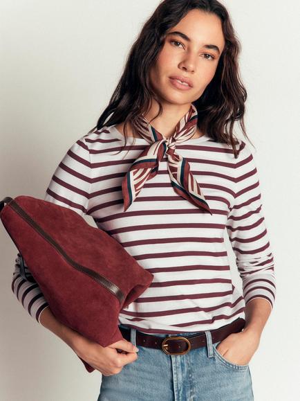 Boden Olivia Cotton Stripe Boat Neck T-Shirt, Ivory/Chocolate, Ivory/Chocolate