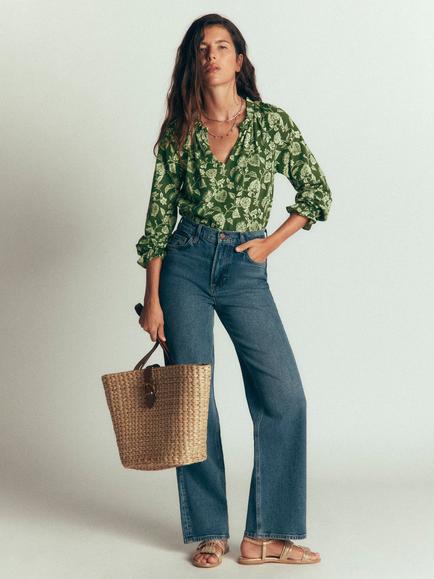 Boden Pia Ruffle Trim Long Sleeve Top, Chive Meadows, Chive Meadows