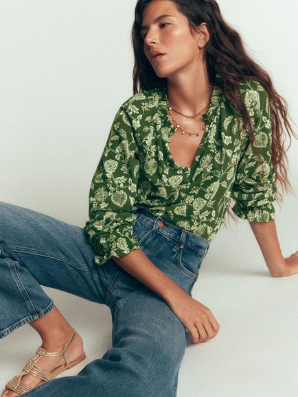 Boden Pia Ruffle Trim Long Sleeve Top, Chive Meadows - view 2, Chive Meadows
