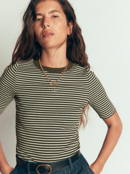 Boden Ribbed Cotton Stripe Crew Neck T-Shirt, Green/Ivory, Green/Ivory