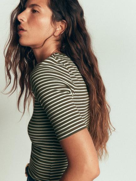 Boden Ribbed Cotton Stripe Crew Neck T-Shirt, Green/Ivory - view 2, Green/Ivory