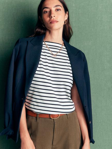 Boden Supersoft Striped Slash Neck T-Shirt containing TENCEL™ Modal, Ivory/Navy - view 2, Ivory/Navy