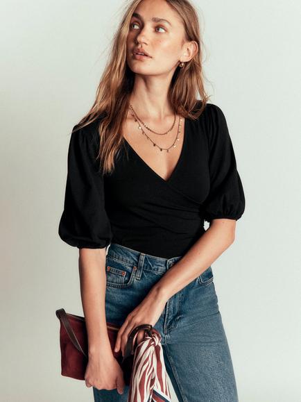 Boden Tia Ruched Wrap Cotton Blend Puff Sleeve Top, Black, Black