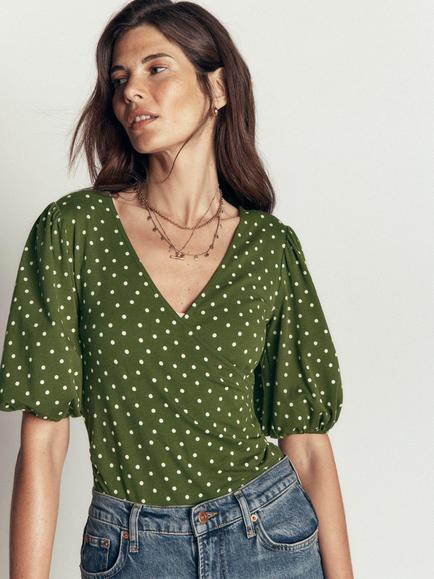 Boden Tia Polka Dot Ruched Wrap Top, Green, Green
