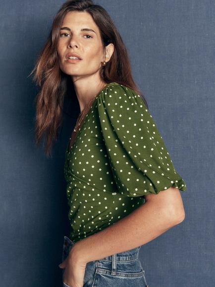 Boden Tia Polka Dot Ruched Wrap Top, Green - view 2, Green