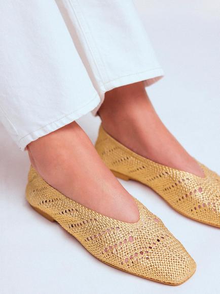 Boden Open Knit Ballerina Pumps, Gold - view 2, Gold