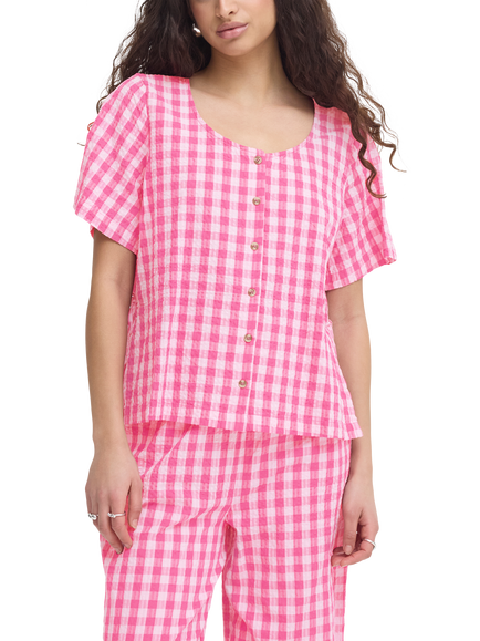 ICHI Ihfelica Checked Short Sleeve Shirt, Very Berry/Pink Chec, Very Berry/Pink Chec