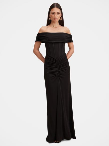 Forever New Ania Ruched Bardot Neck Maxi Dress, Black, Black