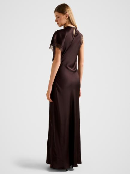 Forever New Kody Satin Lace Asymmetric Dress, Dark Chocolate - view 2, Dark Chocolate