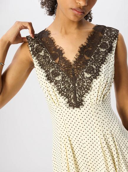 Whistles Lace V-Neck Spot Midi Dress, Yellow/Multi - view 2, Yellow/Multi