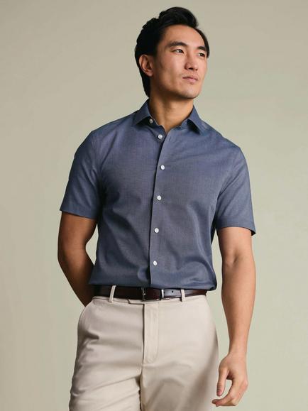 Charles Tyrwhitt Slim Fit Short Sleeve Cotton Linen Blend Shirt, Navy, Navy
