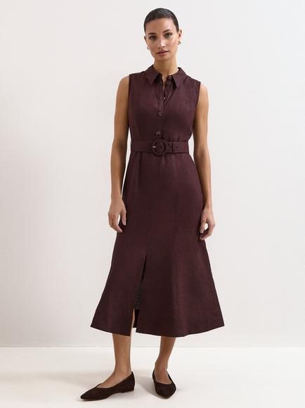 Phase Eight Elspeth Linen Sleeveless Shirt Dress, Brown, Brown
