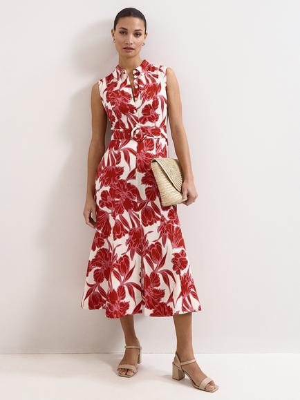 Phase Eight Elspeth Linen Blend Floral Sleeveless Shirt Dress, Red, Red
