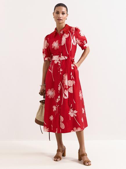 Phase Eight Petite Delphine Floral Shirt Dress, Red, Red