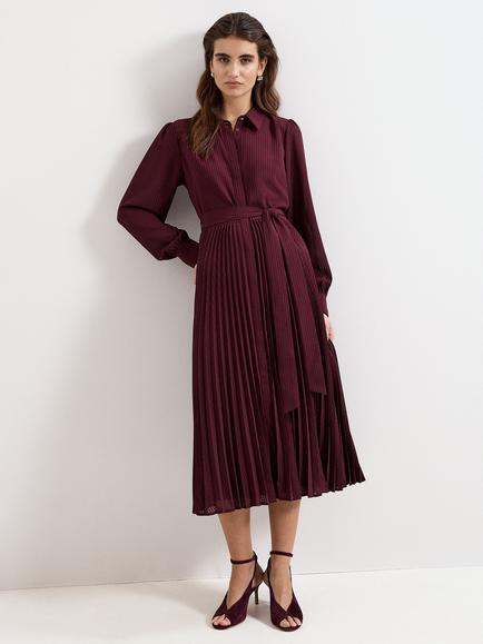 Phase Eight Ren Textured Check Pleated Dress, Burgundy, Burgundy