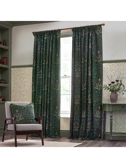 Morris & Co. Acorn Jacquard Pair Lined Pencil Pleat Curtains, Thyme/Forest