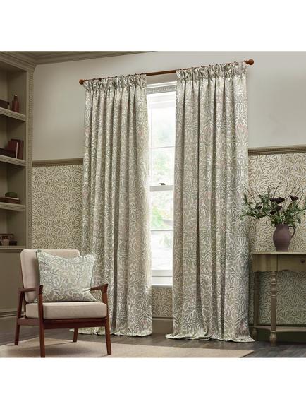 Morris & Co. Acorn Jacquard Pair Lined Pencil Pleat Curtains, Stone/Sage