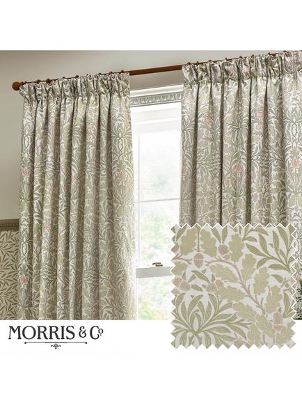 Morris & Co. Acorn Jacquard Pair Lined Pencil Pleat Curtains - view 2, Stone/Sage