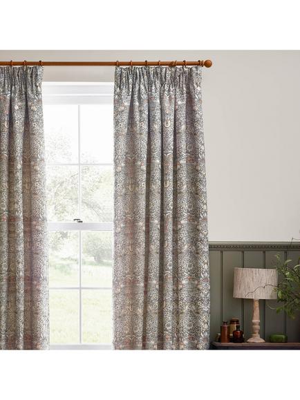 Morris & Co. Strawberry Thief Jacquard Pair Lined Pencil Pleat Curtains - view 2, Biscuit