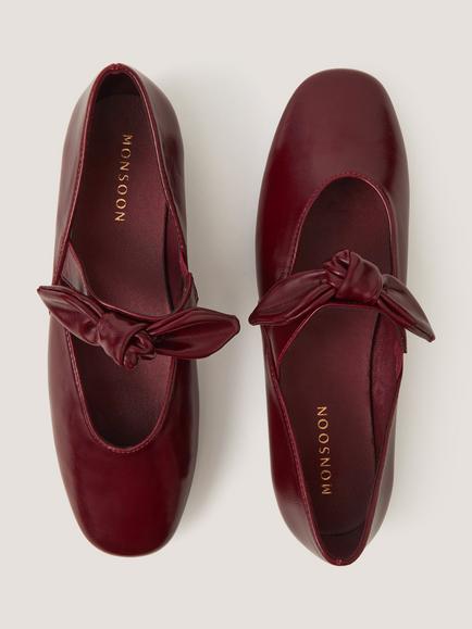 Monsoon Hari Bow Patent Flat Shoes, Burgundy - view 2, Burgundy