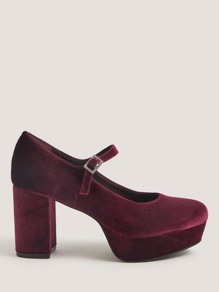 Monsoon Polly Velvet Mary Jane Platform Heeled Shoes, Berry