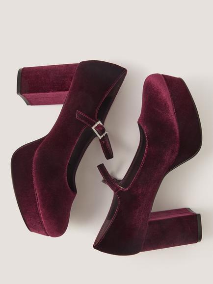 Monsoon Polly Velvet Mary Jane Platform Heeled Shoes - view 2, Berry