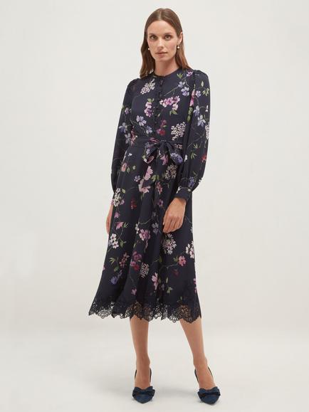 Hobbs Isadora Floral Lace Detail Dress, Blue, Blue