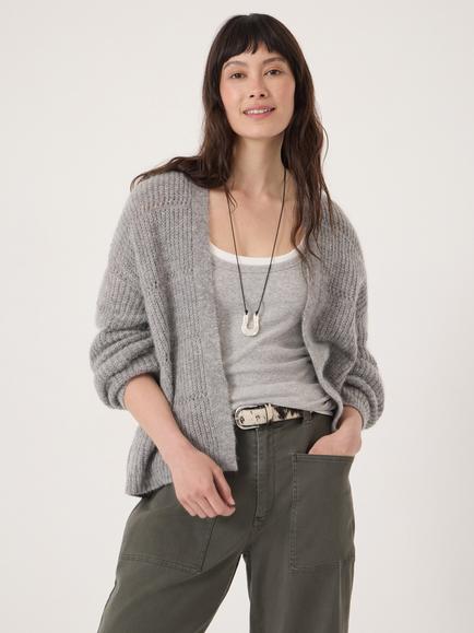 HUSH Allegra Wool Blend Pointelle Stitch Edge to Edge Cardigan, Mid Grey Marl, Mid Grey Marl