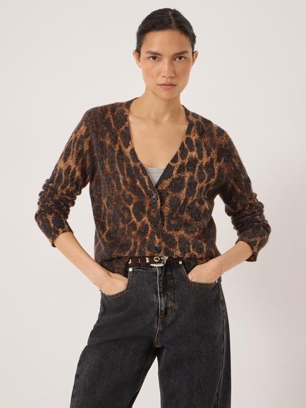 HUSH Cynthia Leopard Print Knitted Cardigan, Neutral Brown, Neutral Brown