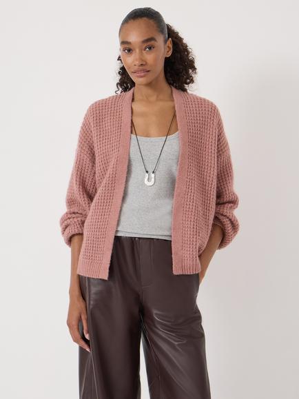 HUSH Flossie Waffle Stitch Wool Blend Edge to Edge Cardigan, Rosewood Pink, Rosewood Pink