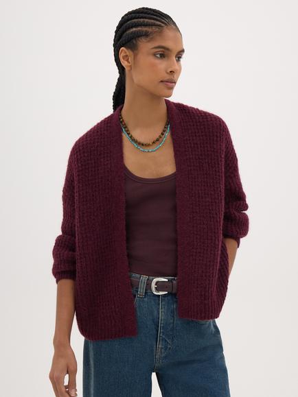HUSH Flossie Wool Open Neck Cardigan, Burgundy Red, Burgundy Red