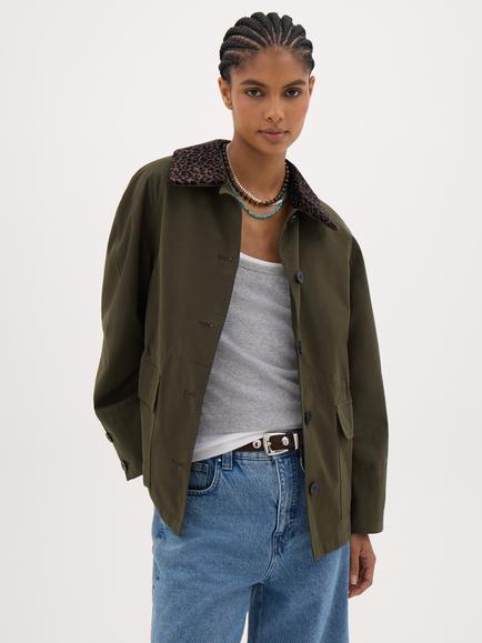 HUSH Leopard Cotton Rich Utility Jacket, Khaki Green, Khaki Green