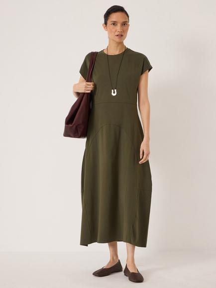 HUSH Cotton Rich Cap Sleeve Barrel Jersey Midi Dress, Khaki, Khaki