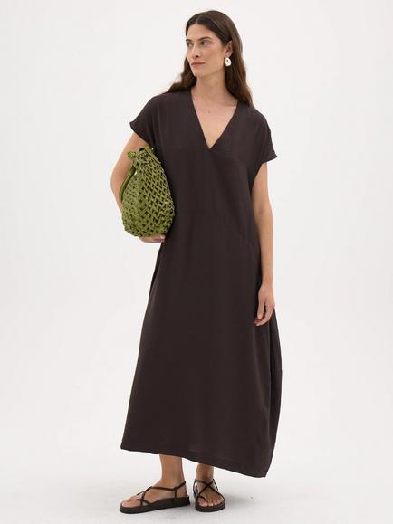 HUSH Lottie Barrel Detail V Neck Midi Dress containing LENZING™ ECOVERO™ Viscose, Dark Brown, Dark Brown