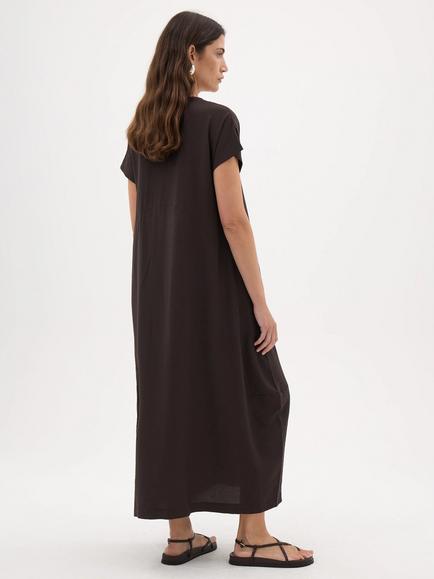 HUSH Lottie Barrel Detail V Neck Midi Dress containing LENZING™ ECOVERO™ Viscose, Dark Brown - view 2, Dark Brown
