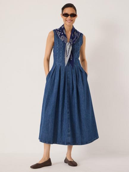HUSH Priya Fit and Flare Pleated Midi Dress, Mid Blue, Mid Blue