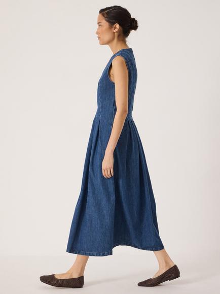 HUSH Priya Fit and Flare Pleated Midi Dress, Mid Blue - view 2, Mid Blue