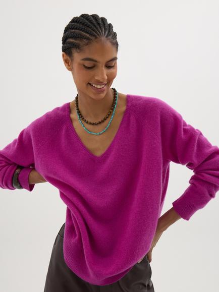 HUSH Constance Cashmere V-Neck Jumper, Magenta, Magenta