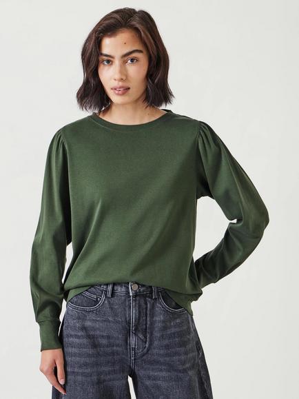 HUSH Emily Puff Sleeve Jersey Top, Khaki Shadow, Khaki Shadow