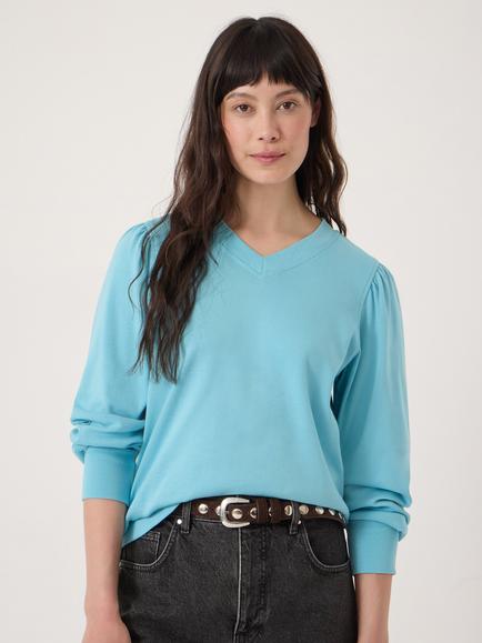 HUSH Emily Cotton Puff Sleeve V Neck Jersey Top, Cabana Blue