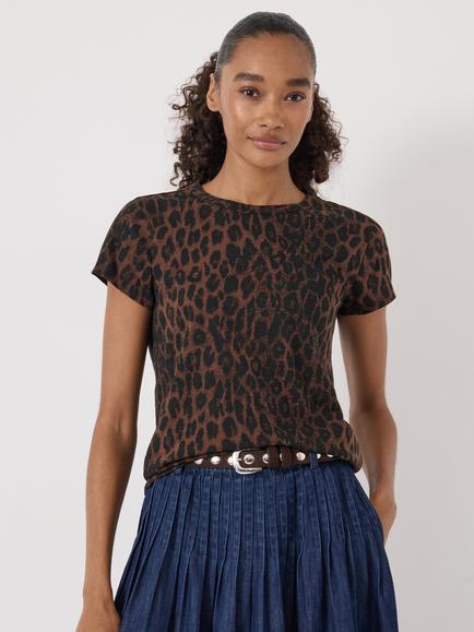 HUSH Leopard Print Slim Fit Slub T-Shirt, Brown, Brown