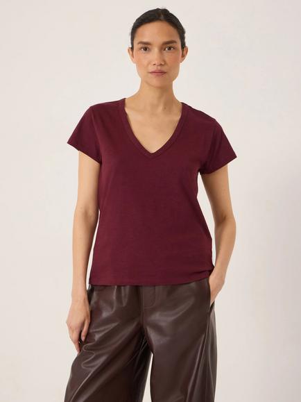 HUSH Cotton Slim Fit Slub V-Neck T-Shirt, Wine Red, Wine Red