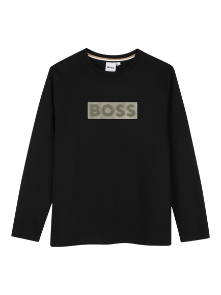 BOSS Kids' Long Sleeve Logo Print T-Shirt, Black, Black