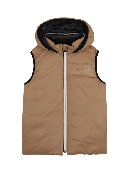 BOSS Kids' Reversible Sleeveless Hooded Puffer Jacket, Cookie