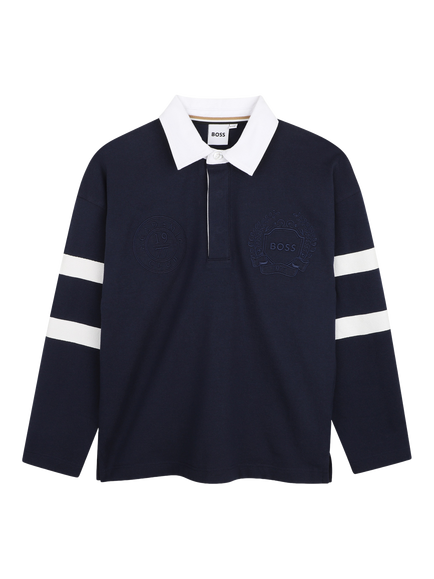 BOSS Kids' Cotton Long Sleeve Polo Shirt, Navy, Navy