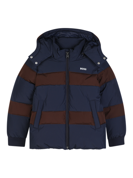BOSS Kids' Colour Block Hooded Puffer Jacket, Navy, Navy